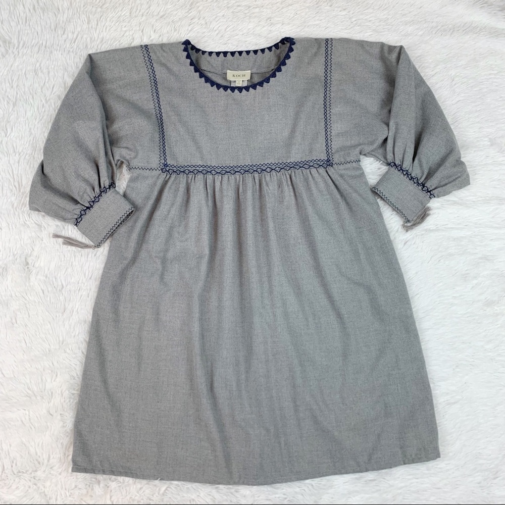 Koch embroidered baby doll dress 3/4 sleeves grey crew neck